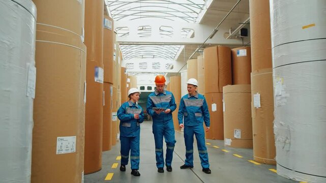 A group of paper mill workers conduct an inspection of a huge paper warehouse. Workers collect data and enter it into a digital tablet. Packaging industry, production of packaging from recycled paper