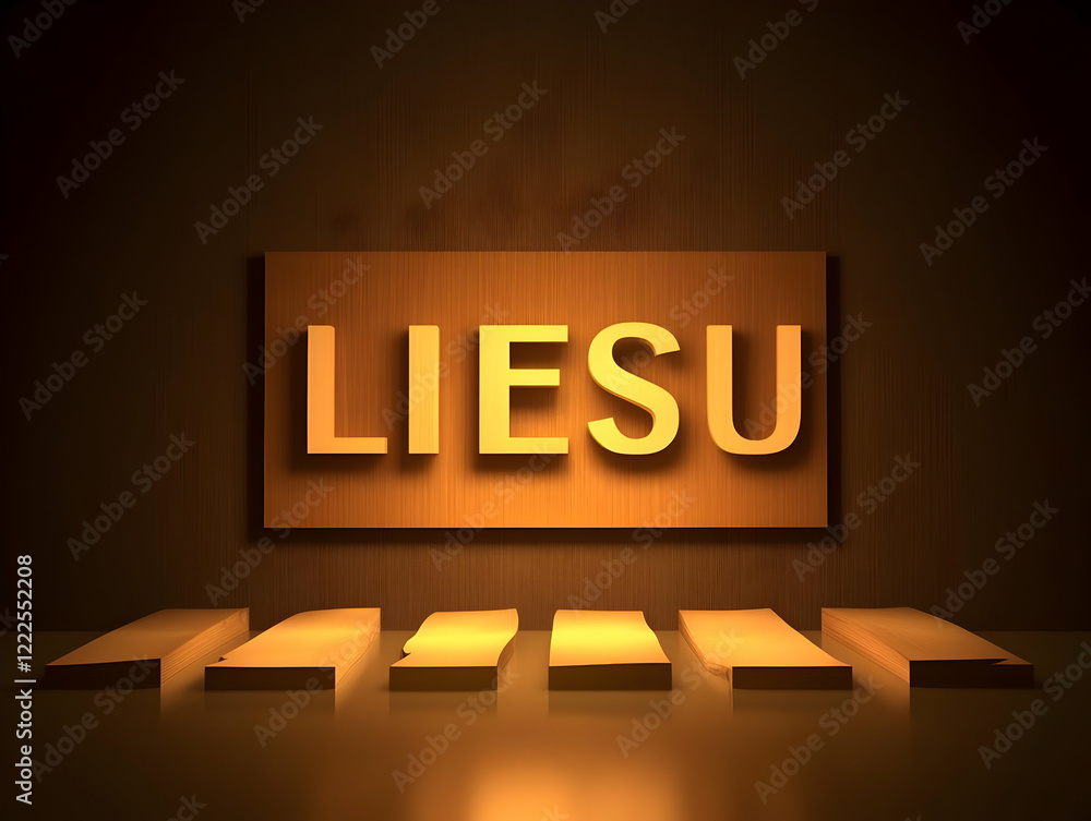 Poster 3D Liesu Text Displayed on Wooden Backdrop with Platform and Soft Lighting
