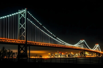 Suspension Bridge Illuminates the Night Sky with City Skyline Majestically Displayed Behind