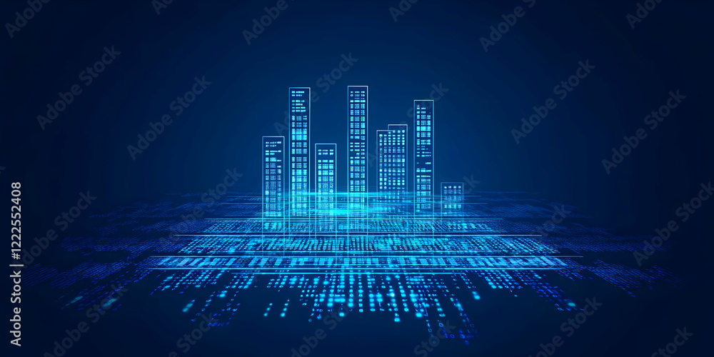 Poster digital cityscape illuminates with data streams, symbolizing urban technological integration seamles