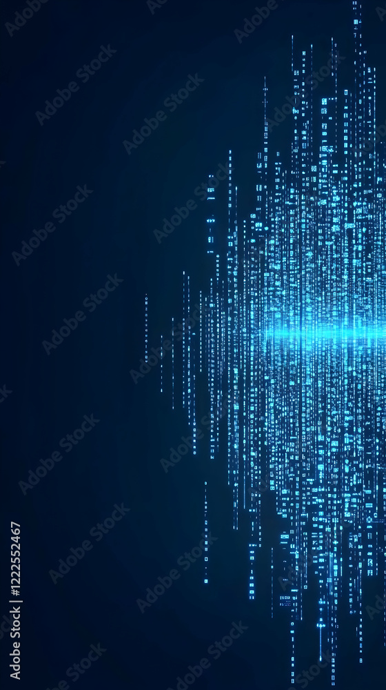 Poster abstract blue digital data stream flows with futuristic technology and innovation on a dark backgrou