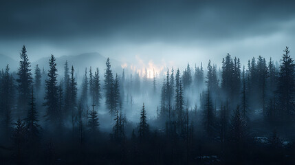 Obraz premium Misty Mountain Forest: An atmospheric landscape photo depicting a dense coniferous forest shrouded in a thick, ethereal mist, with a hint of sunlight breaking through the clouds in the distance.