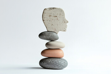 stack of rocks with a head on top. The head is made of stone and is placed on top of the other rocks. The arrangement of the rocks creates a sense of balance and stability