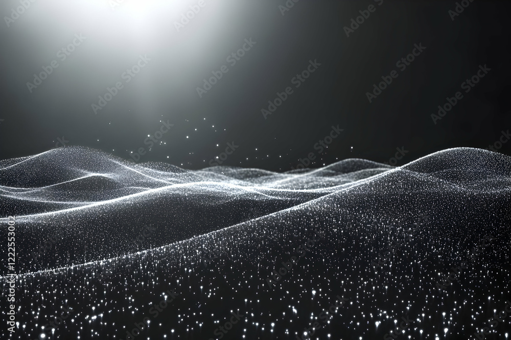Poster abstract background with silver particles forming waves beautifully and smoothly on a dark backdrop.