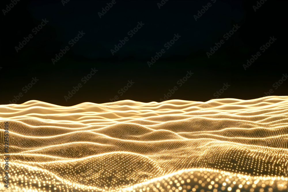 Poster abstract golden particle waves flowing smoothly on dark background