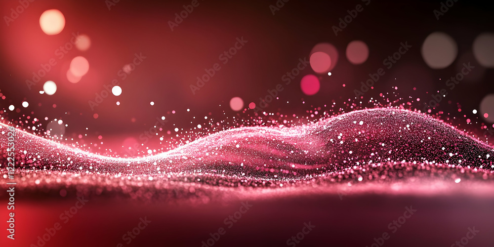 Poster abstract pink glitter wave flows smoothly with bokeh lights background.