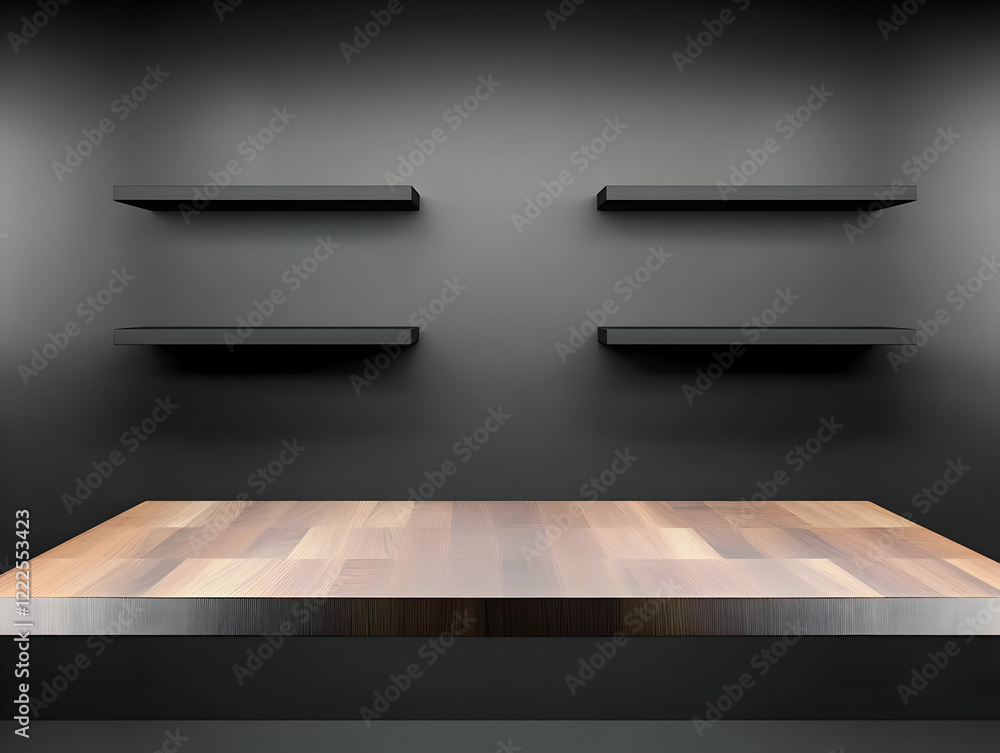 Aufkleber 3d render of empty room with shelves and wooden table on dark background for product display