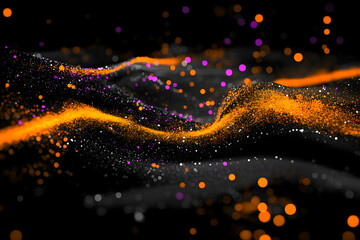 Abstract Background with Orange and Purple Particles Flows Dynamically on Black Background