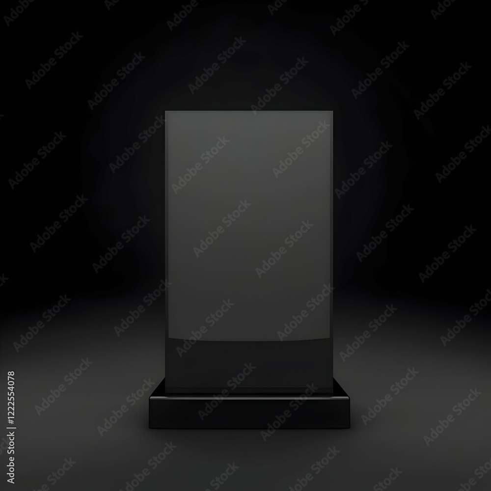 Aufkleber black rectangular 3d object stands on a base against a dark backdrop, ideal for design or product pr