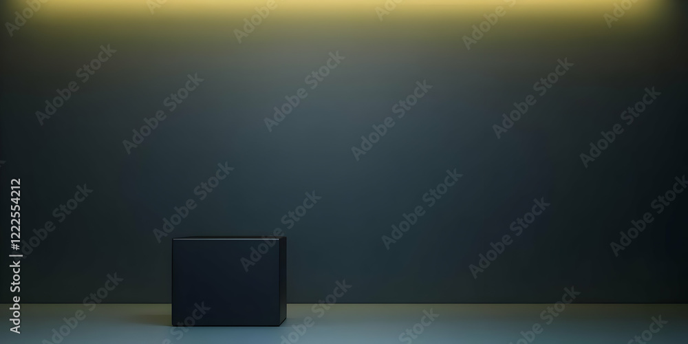 Poster black cube on a gray surface stands with a soft yellow light above, creating a minimalist scene