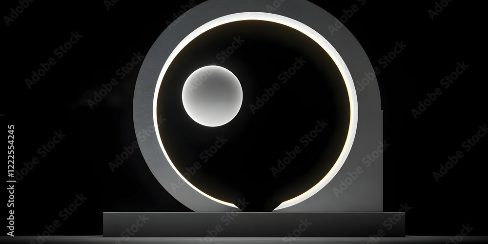 Poster 3d render of abstract white arch with glowing ring and sphere on a podium in dark background
