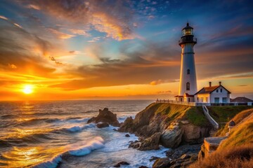 Fototapeta premium Majestic coastal lighthouse at sunset, dramatic ocean waves crashing against rocky cliffs, vibrant sky