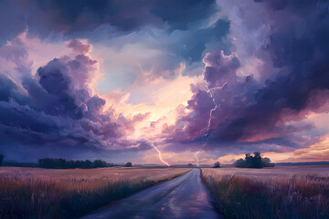 Dramatic Lightning Strike on a Lonely Country Road at Sunset