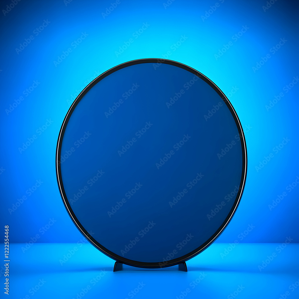 Poster blue circle display on a stand with blue backdrop showcases simplicity and minimalism elegantly