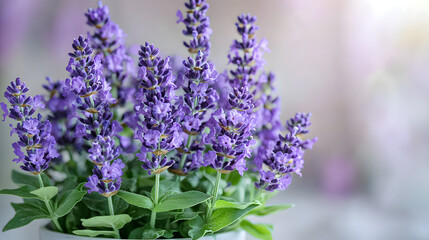 Fototapeta premium Lavender Delights: A close-up shot of a vibrant lavender bouquet, showcasing the delicate purple blooms and lush green foliage. The soft, blurred background adds a dreamy quality.