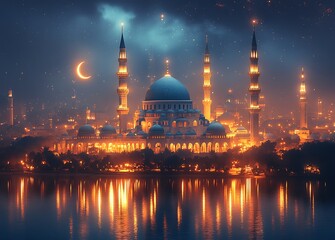 Fototapeta premium Mosque with Illuminated Minarets at Night and Crescent Moon Above