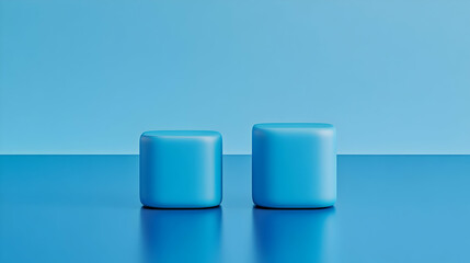 Two Blue Rounded Cubes Stand on a Blue Reflective Surface with a Blue Backdrop
