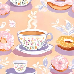 Morning breakfast with coffee, tea and donut