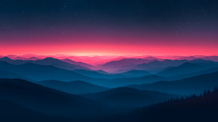 Obraz premium Crimson Skies: A breathtaking panoramic vista of rolling mountain ranges bathed in the ethereal glow of a vibrant, crimson sunrise, evoking a sense of tranquility and awe-inspiring beauty.