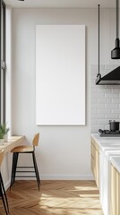 A blank banner hangs on the wall in a minimalist dining room kitchen.