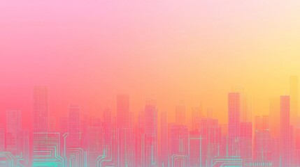 Retro City Skyline Silhouette with Neon Circuit Lines in Pink, Teal, and Orange - Ultra-Detailed 1970s Style Cinematic Image