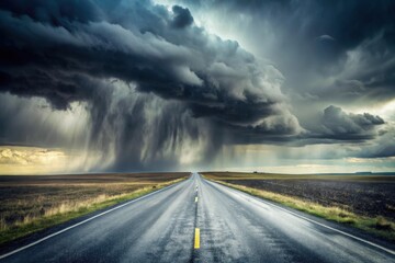 A Long Straight Road Under a Dramatic, Imposing, and Intensely Dark Raincloud