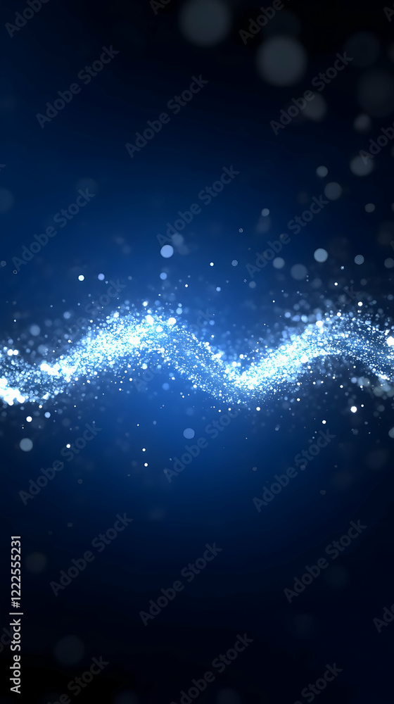 Poster abstract blue background with glowing particles forms a wavy line dynamically and gracefully