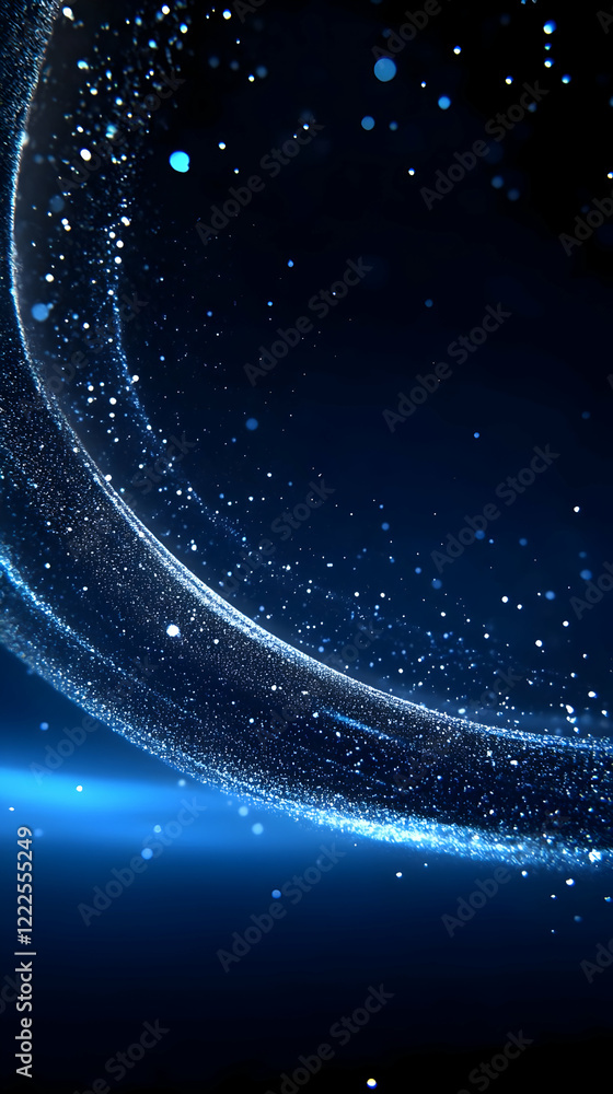 Poster abstract blue wave flows smoothly with sparkling particles on dark background