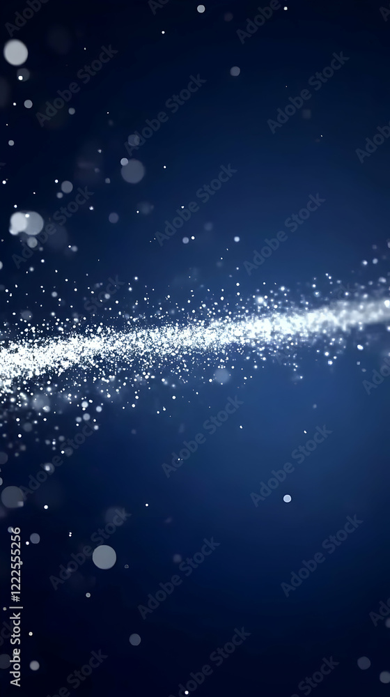 Poster abstract background with sparkling particles floating gracefully on a dark blue backdrop