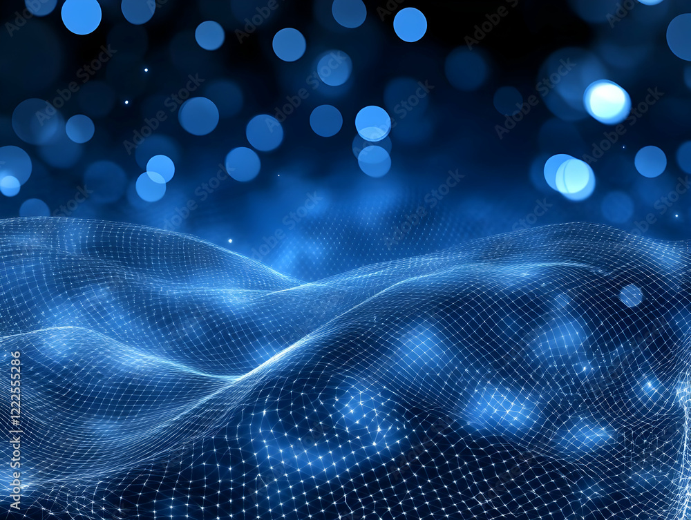 Aufkleber abstract blue mesh waves flowing smoothly with soft bokeh background for futuristic design