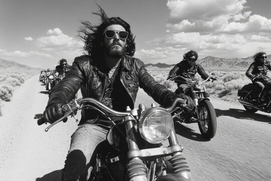 Bikers riding vintage motorcycles on dusty road in desert