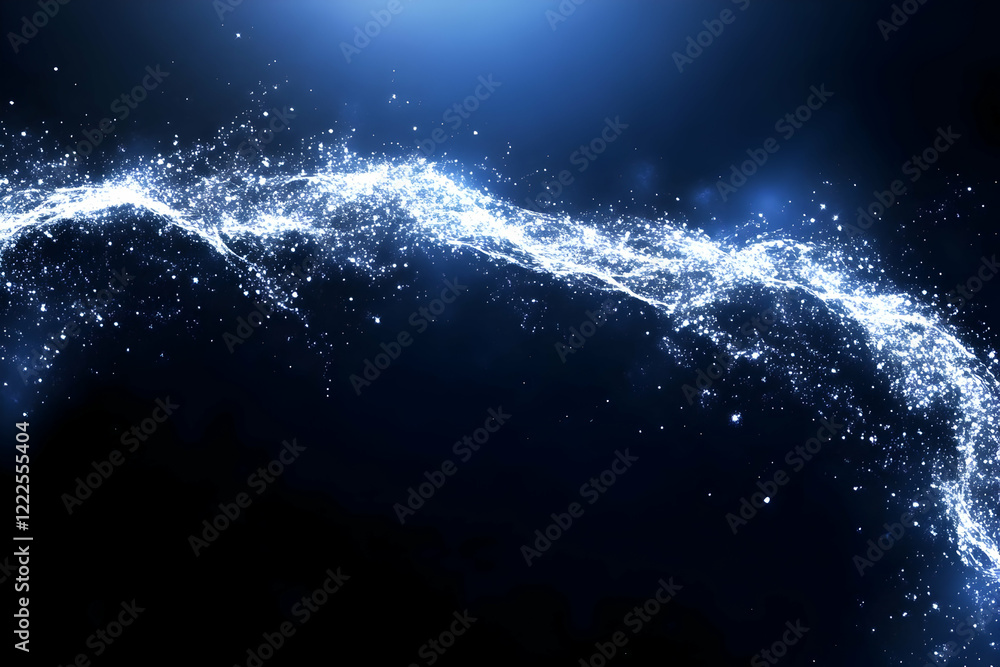 Aufkleber Abstract Blue Wave Flows Smoothly Across a Dark Background with Sparkling Particles