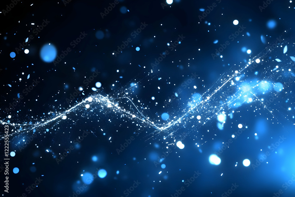 Poster abstract blue particles flowing and glowing dynamically on dark background