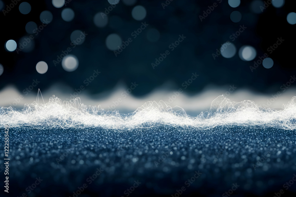 Poster abstract background with glowing white lines on dark blue glittering surface and bokeh effect