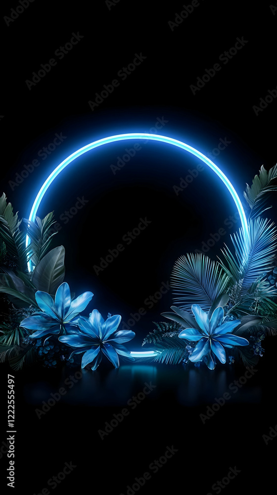 Poster neon circle frame with tropical plants creates a vibrant backdrop on a dark stage, illuminated softl