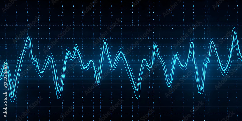 Aufkleber glowing blue digital waveform oscillates across dark screen, visualizing data flow and fluctuations 