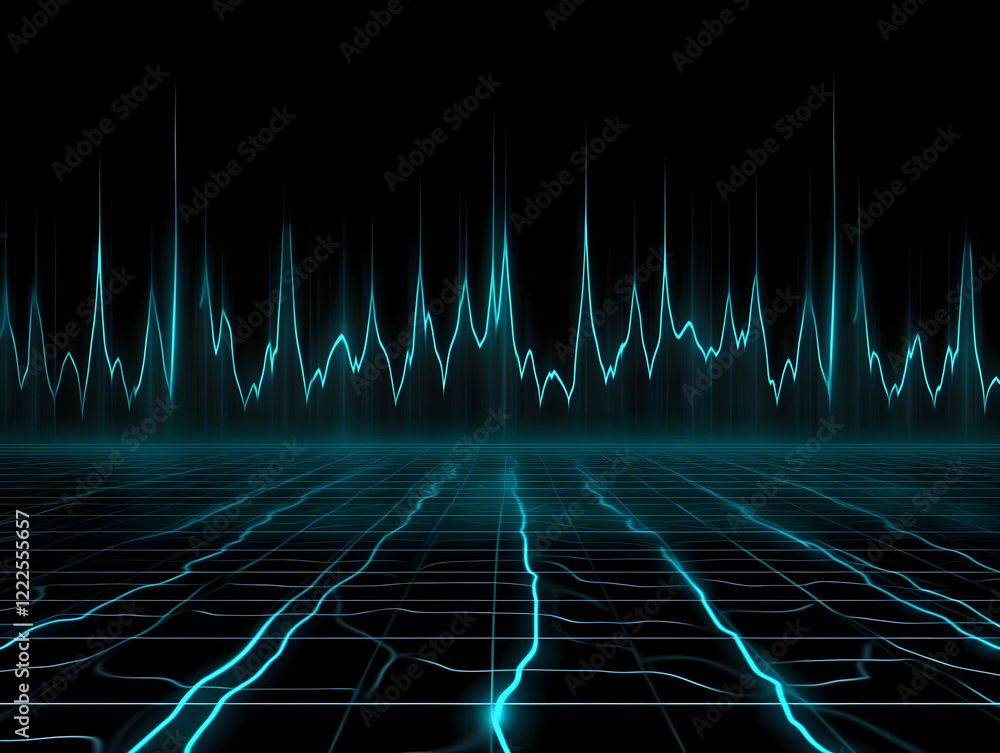 Poster abstract turquoise glowing lines on dark background and grid floor brightly illuminated