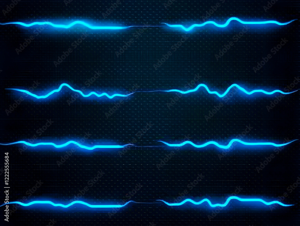 Poster blue light waves flow across dark grid background, creating a technological and dynamic abstract ill