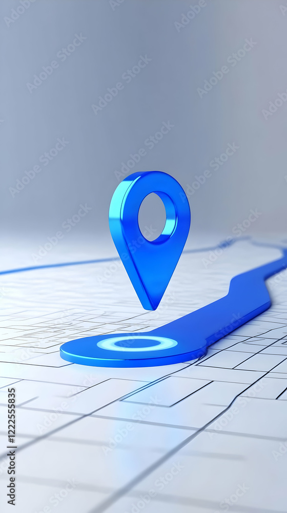 Poster blue location pin icon hovers above a stylized map with path clearly marked