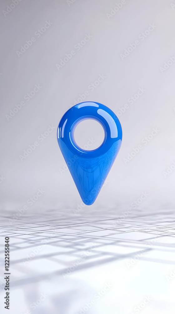 Poster blue location pin icon hovers above a grid pattern background for navigation