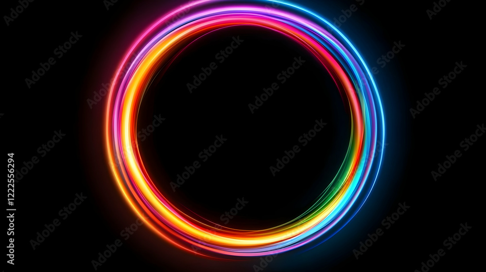 Poster vivid rainbow circle creates dynamic swirls on black background with colorful light trails