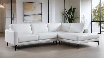 Furniture trendy and minimal innovative, A modern white sectional sofa in a bright, airy room with large windows and a plant, complemented by a minimalist artwork on the wall.