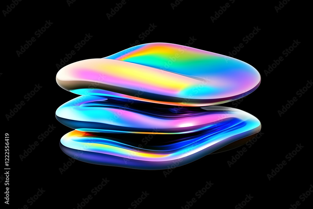 Poster iridescent abstract shapes form a 3d sculpture on a black background with vibrant colors.