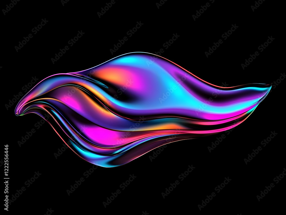 Poster 3d abstract flowing shape with iridescent colors on black background