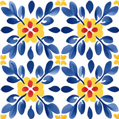 Rustic blue and yellow tile watercolor seamless pattern. Pattern of azulejos tiles