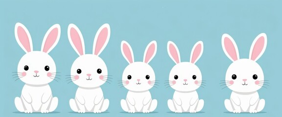 Five cute white rabbits sitting in a row on blue background.