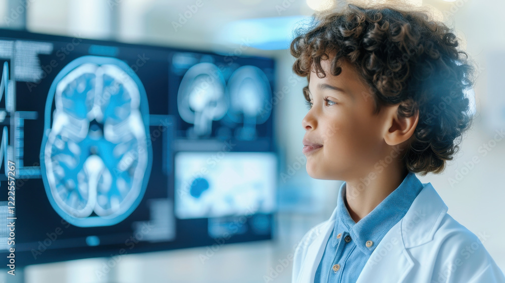 Aufkleber young boy wearing lab coat stands in front of digital screen displaying brain scans, appearing curio
