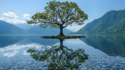 Solitary Tree Reflection: A single, majestic tree stands on a small island in a serene lake, its reflection perfectly mirrored in the crystal-clear water, mountains forming a breathtaking backdrop. 