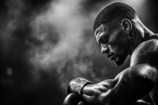 A boxer sitting calmly in the corner of a ring, their face relaxed as their coach gives instructions between rounds