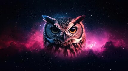 Fototapeta premium Owl camouflaged in glowing cosmic patterns, unseen in the galaxy, 3D illustration